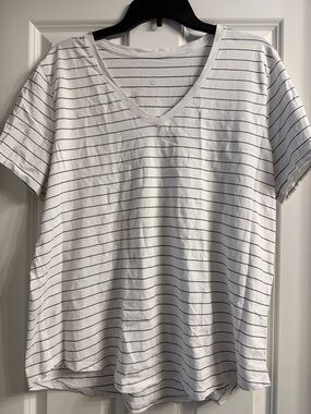 lululemon athletica White V-Neck Short Sleeve Tee with Navy Stripes
